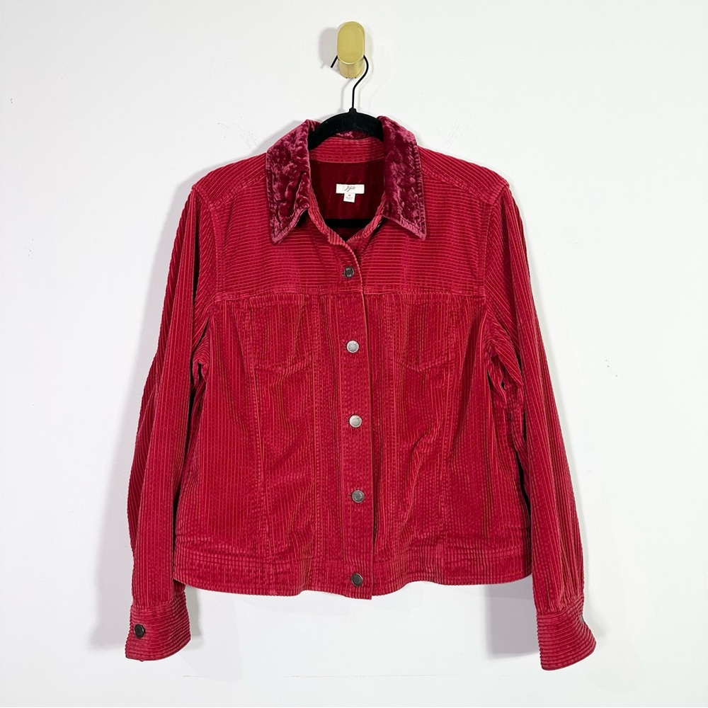 J. Jill Red Corduroy Crushed Velvet Button Front Lightweight Jacket